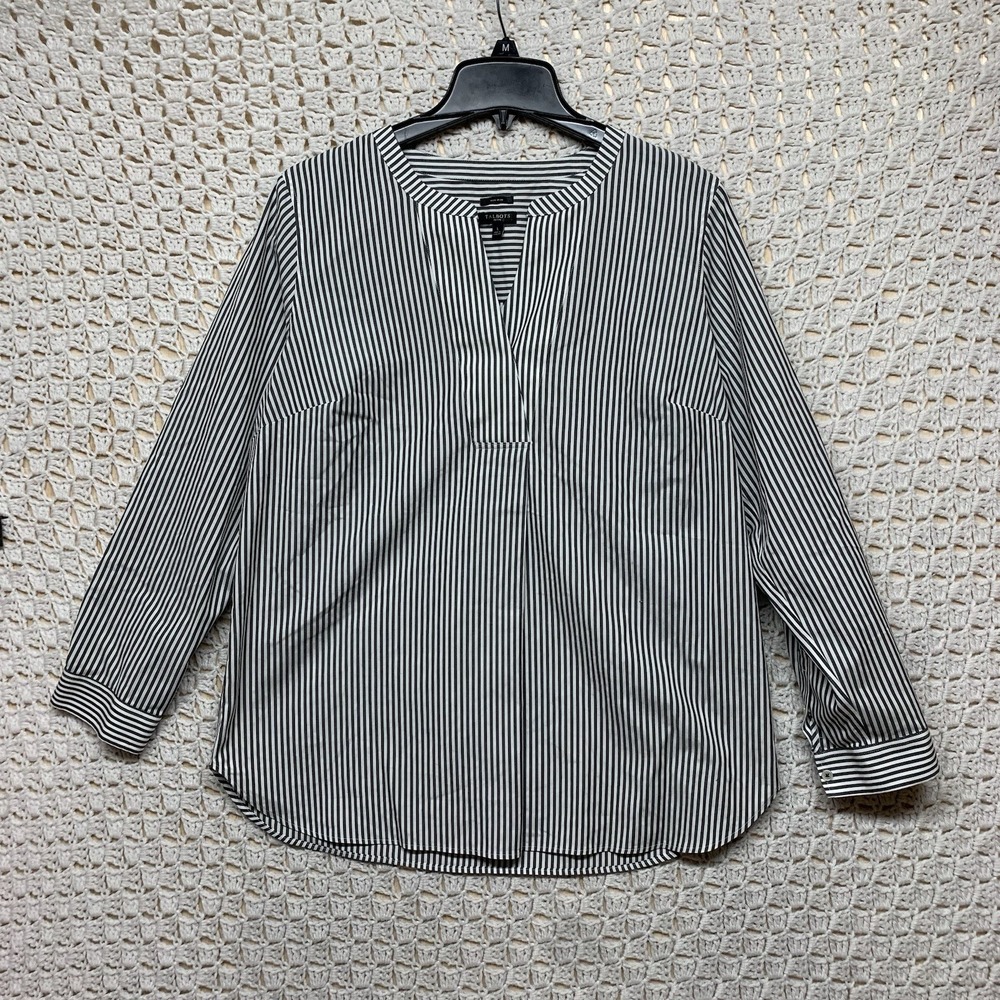 Talbots Shirt Womens L Petite Gray Striped Split Neck‎ 3/4 Sleeve Tunic Pullover